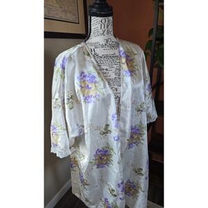 Y2K Secret Treasures Floral Satin Robe M White Purple Lace Trim Kimono ST213906